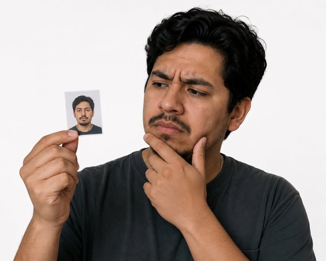 Confused Man Looking At His Passport Sized Photo