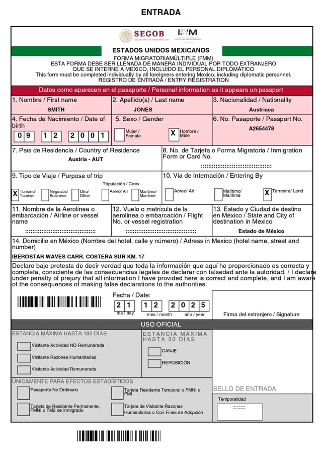 Tourist Land Card Approval Document