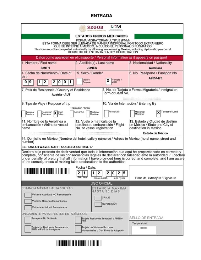 Sample Of Approved Mexico Other Land Card